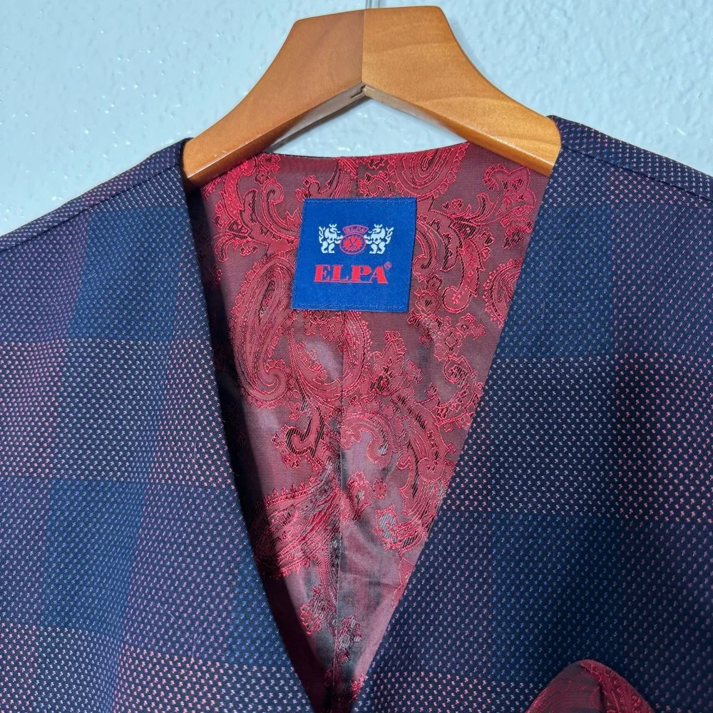 ELPA Boys‎ 2 Piece Formal Plaid Blazer and Vest Set Navy Burgundy Kids Size 18